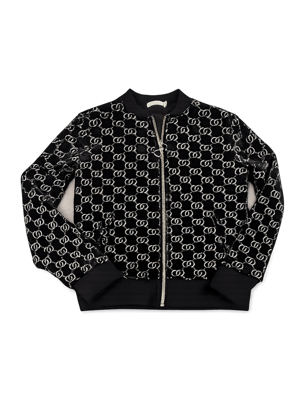 Women’s Black Velvet Monogram Zip Bomber Jacket Size S Trendy